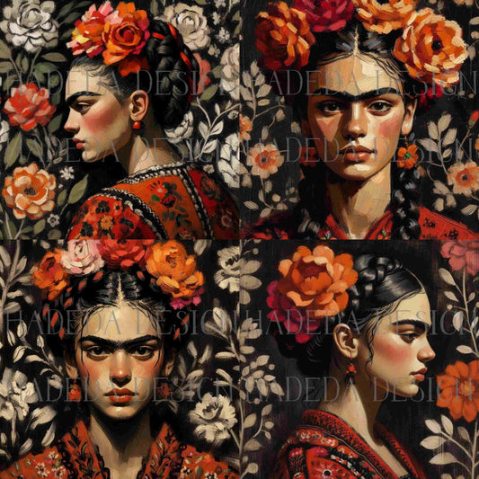 Frida Red Art Block Digital Designs for Sublimation, Canvas, Scrapbooking Paper, Journaling, Mixed Media