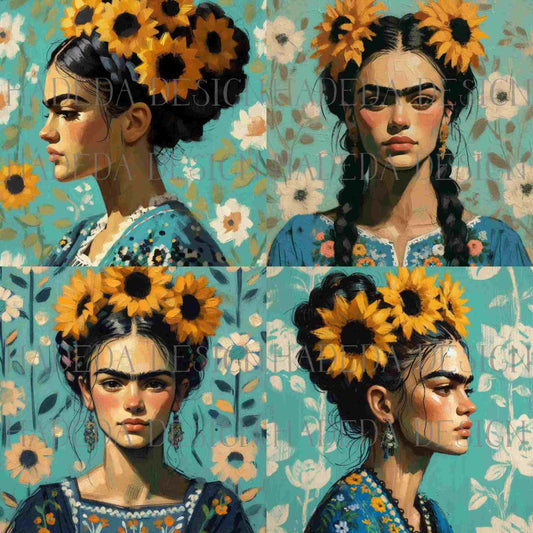 Frida with Sunflowers Art Block Digital Designs for Sublimation, Canvas, Scrapbooking Paper, Journaling, Mixed Media