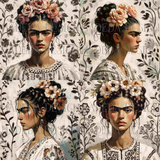 Frida White Art Block Digital Designs for Sublimation, Canvas, Scrapbooking Paper, Journaling, Mixed Media