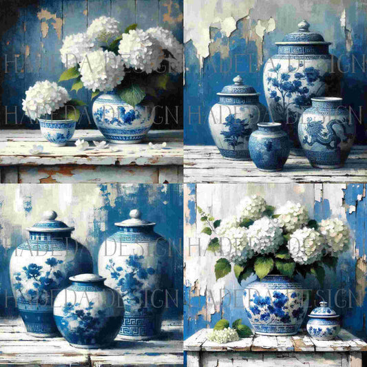 Ginger Jars and Hydrangeas Art Block Digital Designs for Sublimation, Canvas, Scrapbooking Paper, Journaling, Mixed Media