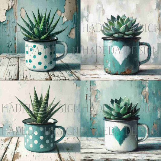 Rustic Cups and Succulents Aqua Art Block Digital Designs for Sublimation, Canvas, Scrapbooking Paper, Journaling, Mixed Media