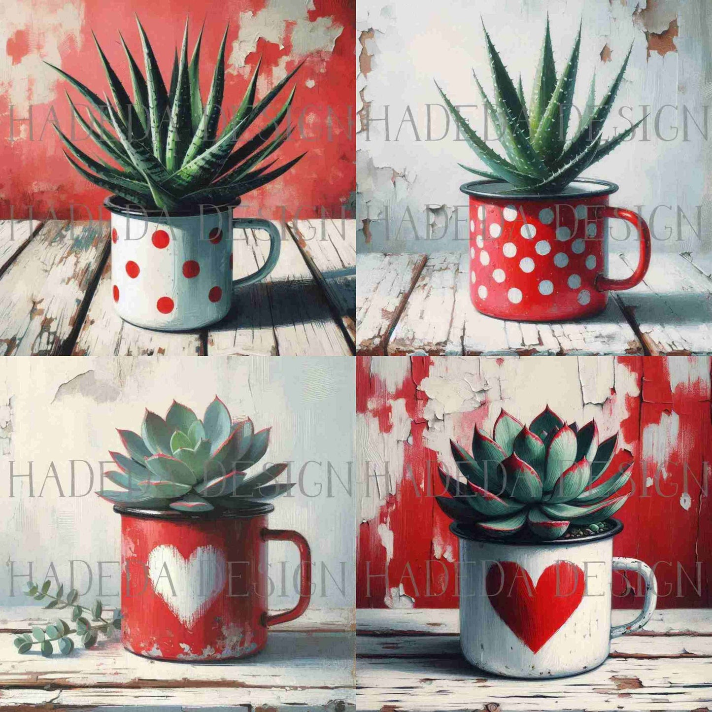 Rustic Cups and Succulents Red Art Block Digital Designs for Sublimation, Canvas, Scrapbooking Paper, Journaling, Mixed Media