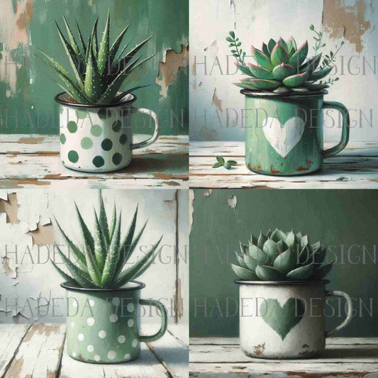 Rustic Cups and Succulents Green Art Block Digital Designs for Sublimation, Canvas, Scrapbooking Paper, Journaling, Mixed Media