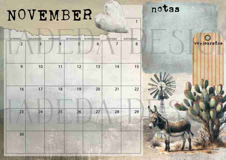 Vintage Karoo AFRIKAANS DESK CALENDAR - Sublimation, Digital and DTF Printing, Scrapbooking