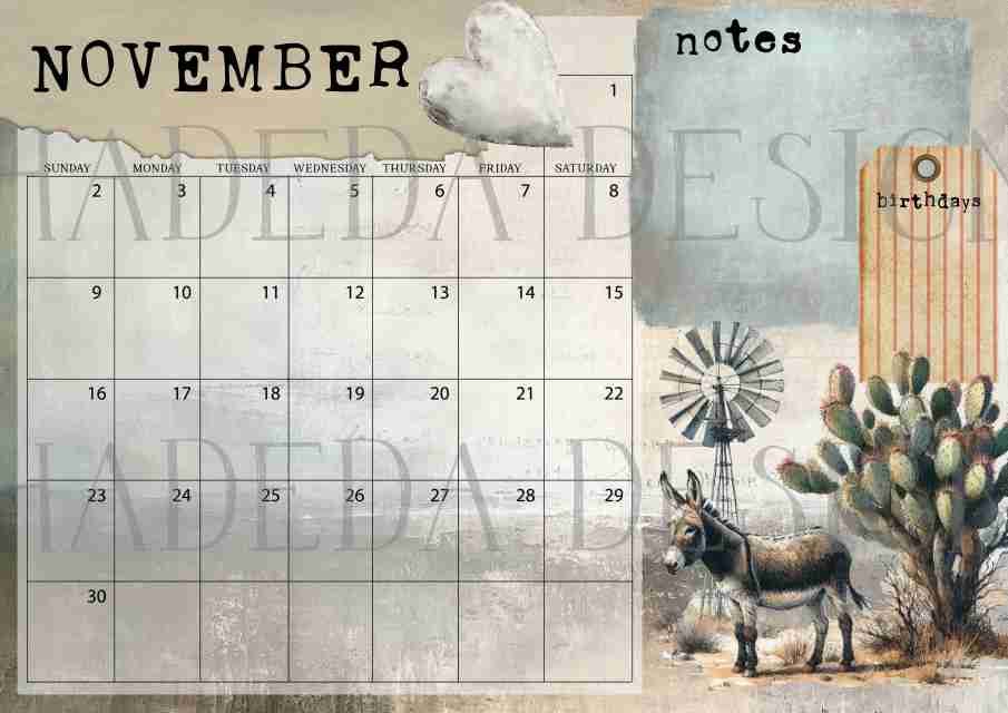 Vintage Karoo ENGLISH DESK CALENDAR - Sublimation, Digital and DTF Printing, Scrapbooking