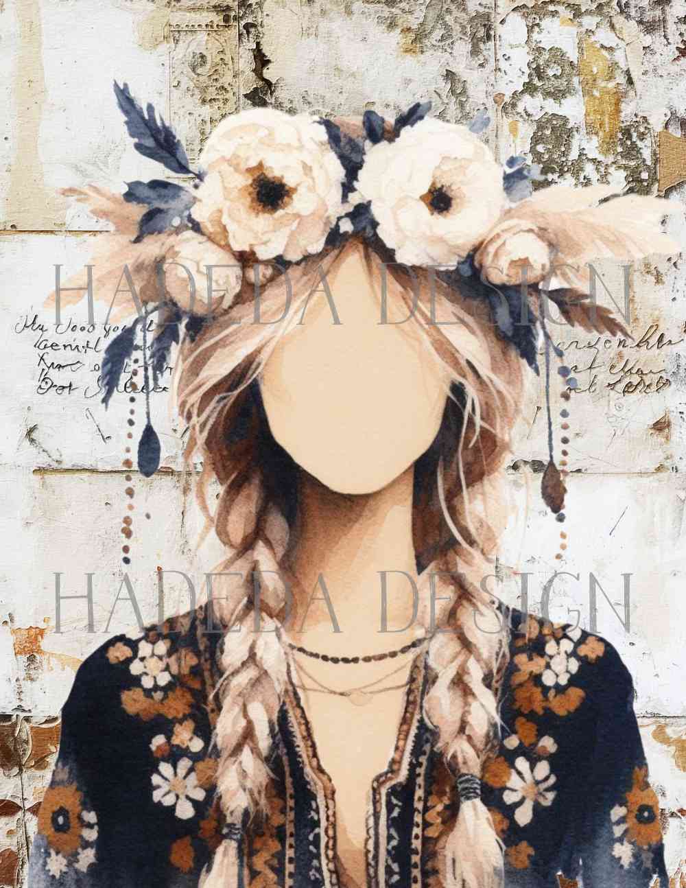 Boho Woman A0 Portrait Digital Designs for Sublimation, Canvas, Scrapbooking Paper, Journaling, Mixed Media