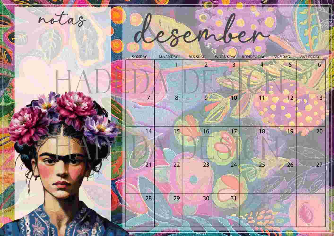 Frida Kahlo Inspired Desk Calendar 2025 Afrikaans