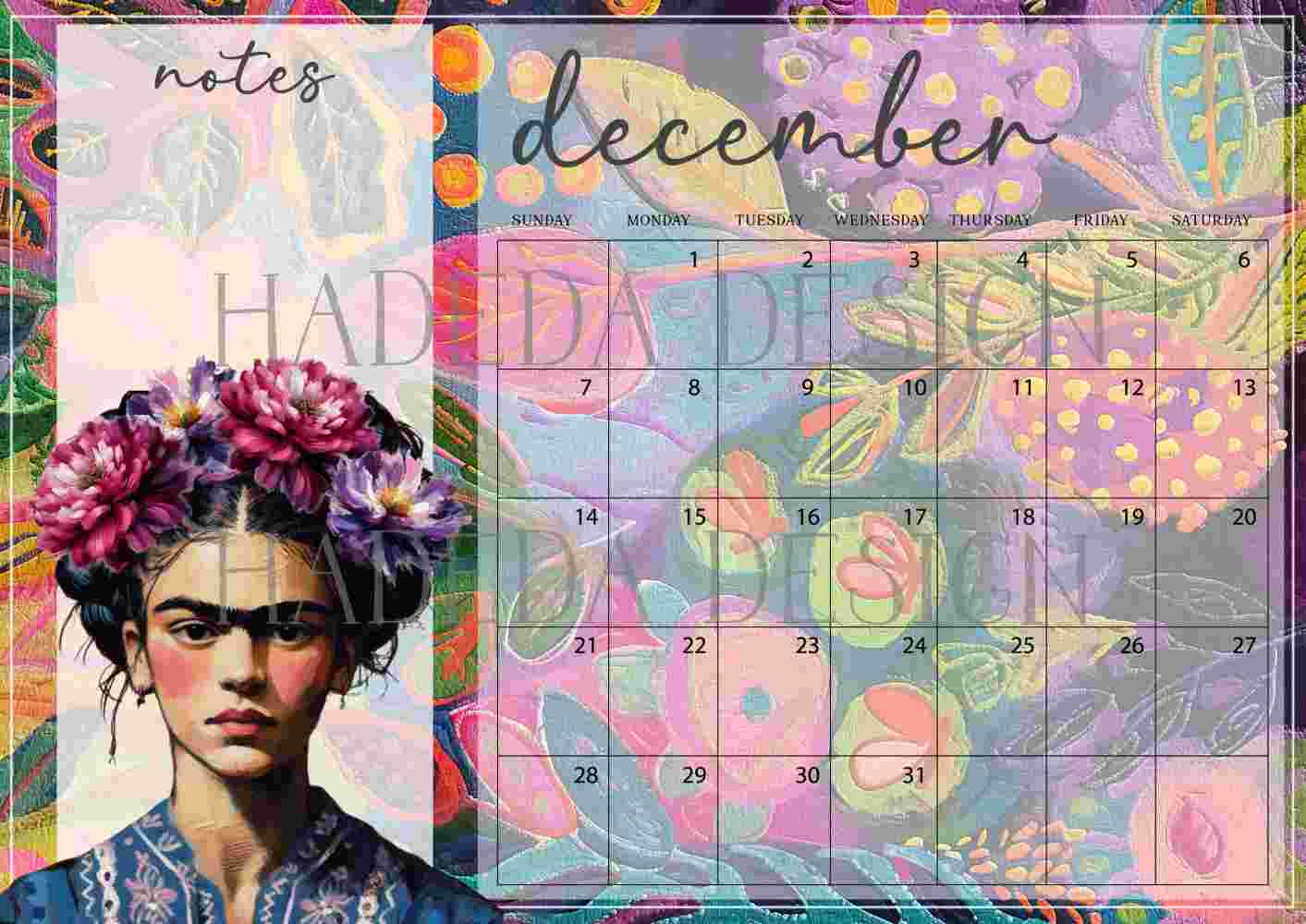 Frida Kahlo Inspired Desk Calendar 2025 English