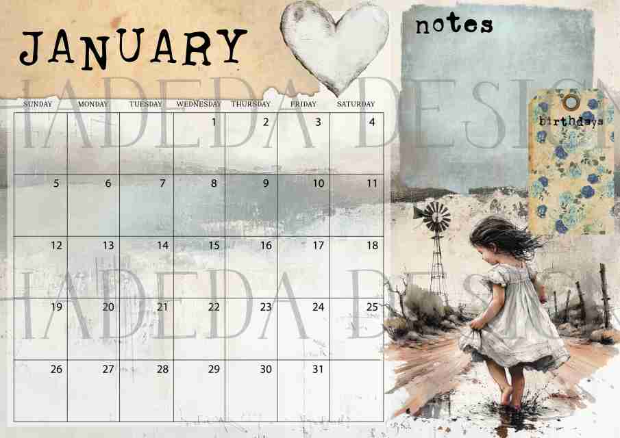 Vintage Karoo ENGLISH DESK CALENDAR - Sublimation, Digital and DTF Printing, Scrapbooking