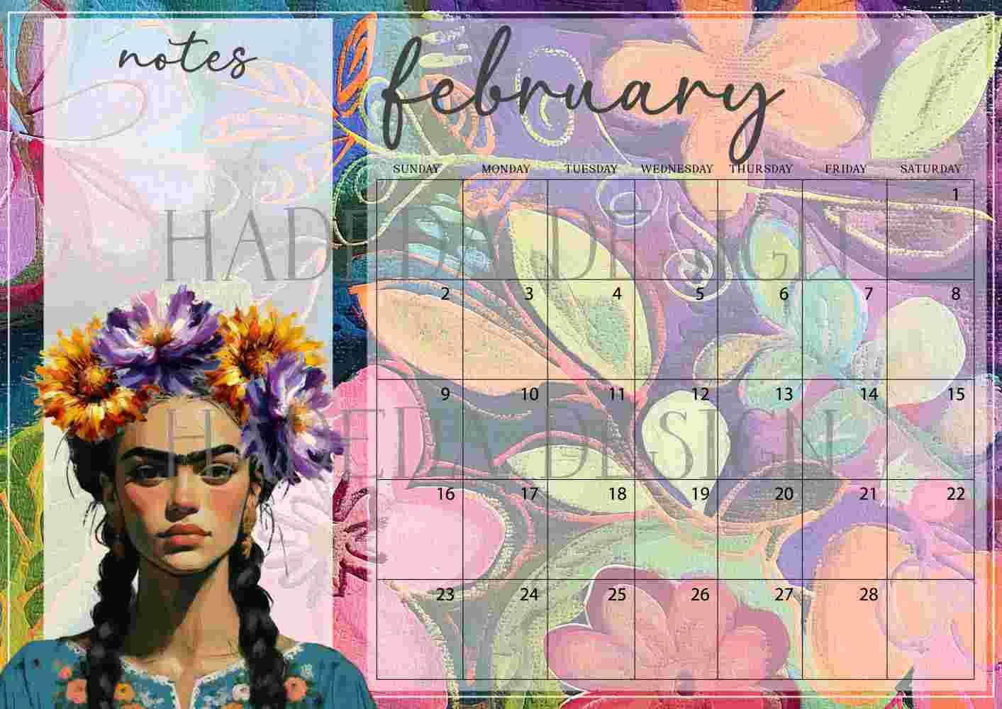 Frida Kahlo Inspired Desk Calendar 2025 English