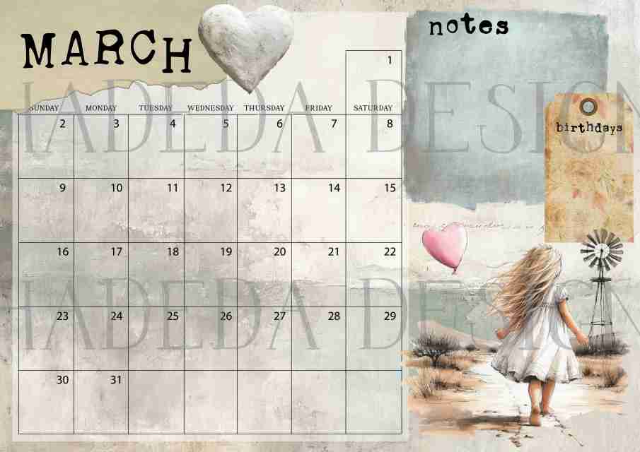 Vintage Karoo ENGLISH DESK CALENDAR - Sublimation, Digital and DTF Printing, Scrapbooking