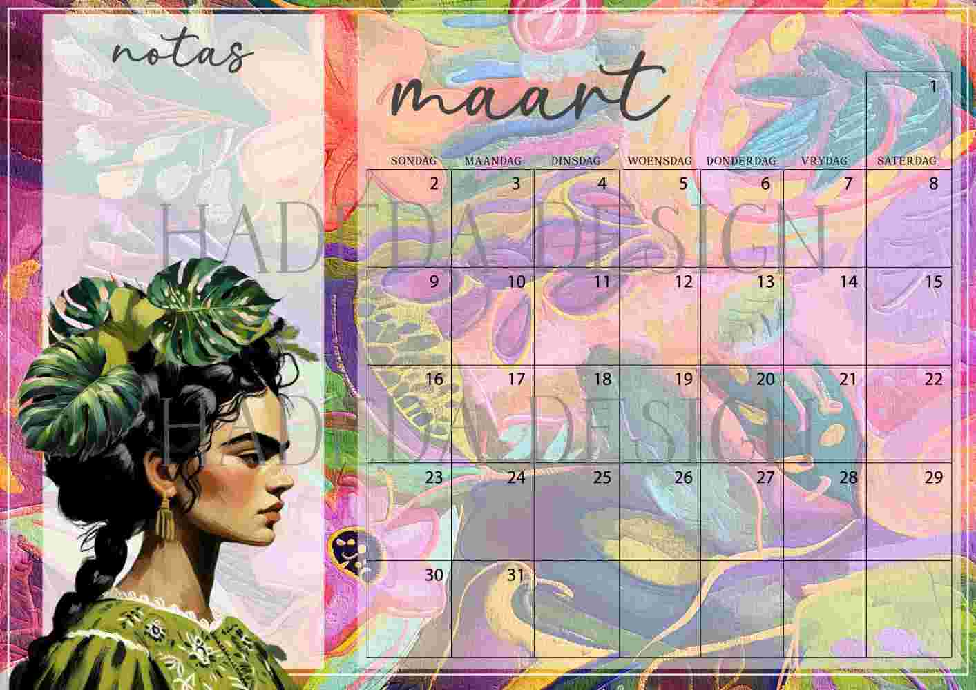 Frida Kahlo Inspired Desk Calendar 2025 Afrikaans