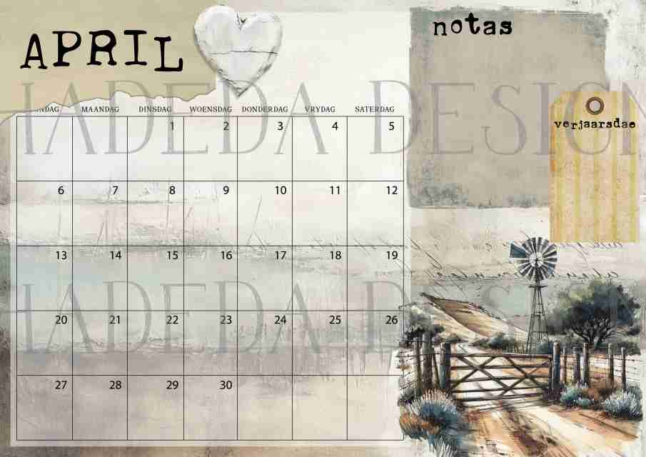 Vintage Karoo AFRIKAANS DESK CALENDAR - Sublimation, Digital and DTF Printing, Scrapbooking