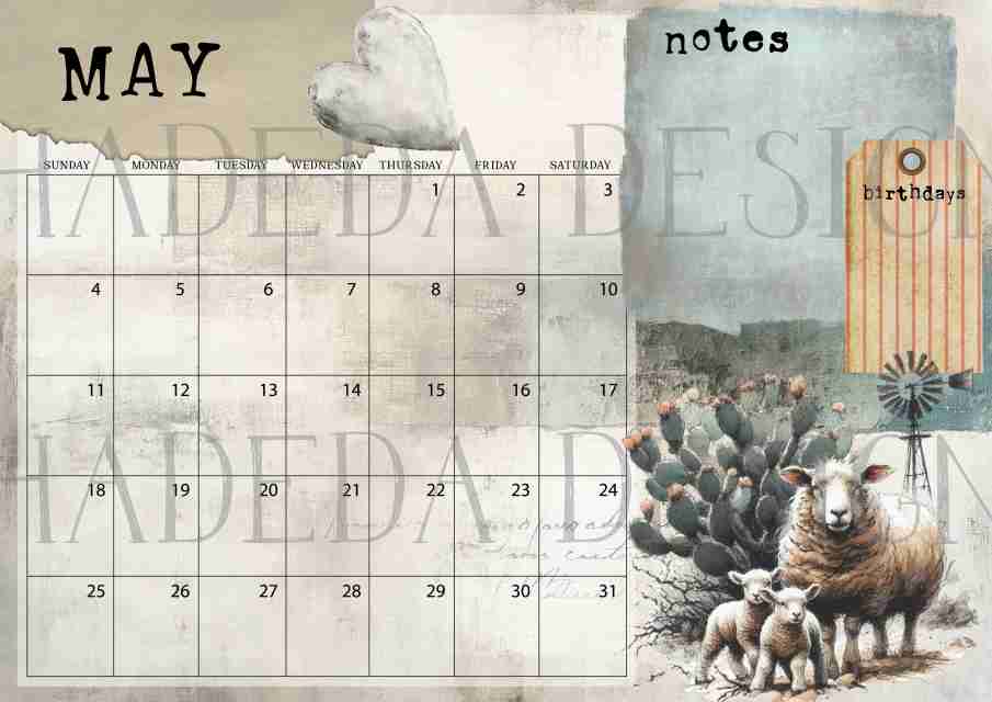 Vintage Karoo ENGLISH DESK CALENDAR - Sublimation, Digital and DTF Printing, Scrapbooking