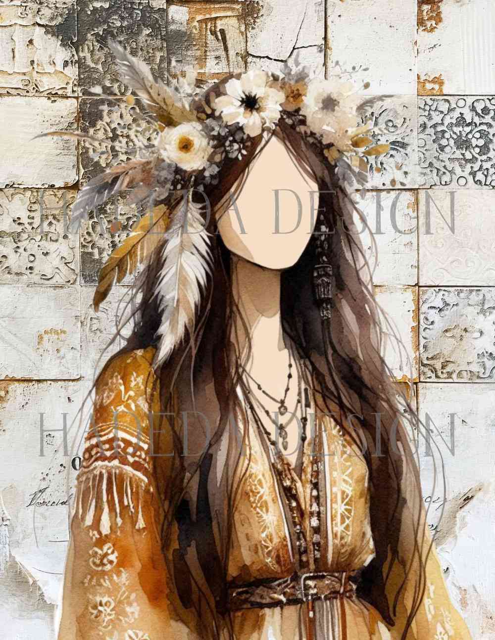 Boho Woman A0 Portrait Digital Designs for Sublimation, Canvas, Scrapbooking Paper, Journaling, Mixed Media