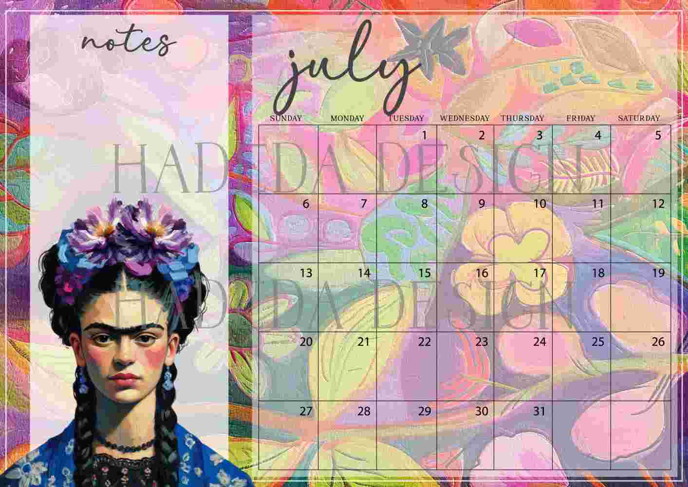 Frida Kahlo Inspired Desk Calendar 2025 English