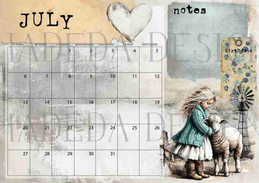 Vintage Karoo ENGLISH DESK CALENDAR - Sublimation, Digital and DTF Printing, Scrapbooking