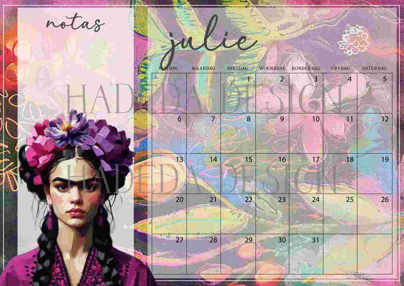 Frida Kahlo Inspired Desk Calendar 2025 Afrikaans