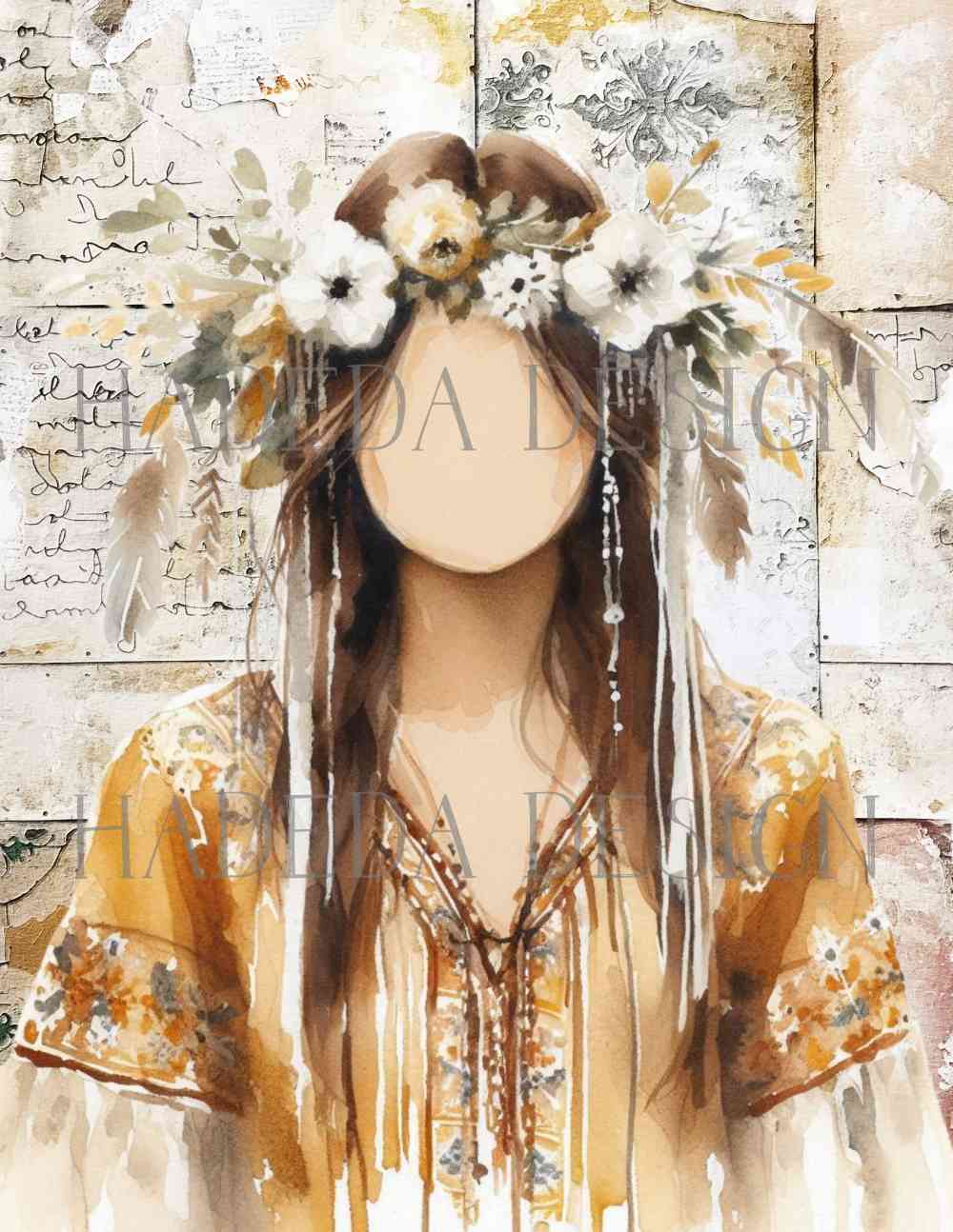 Boho Woman A0 Portrait Digital Designs for Sublimation, Canvas, Scrapbooking Paper, Journaling, Mixed Media