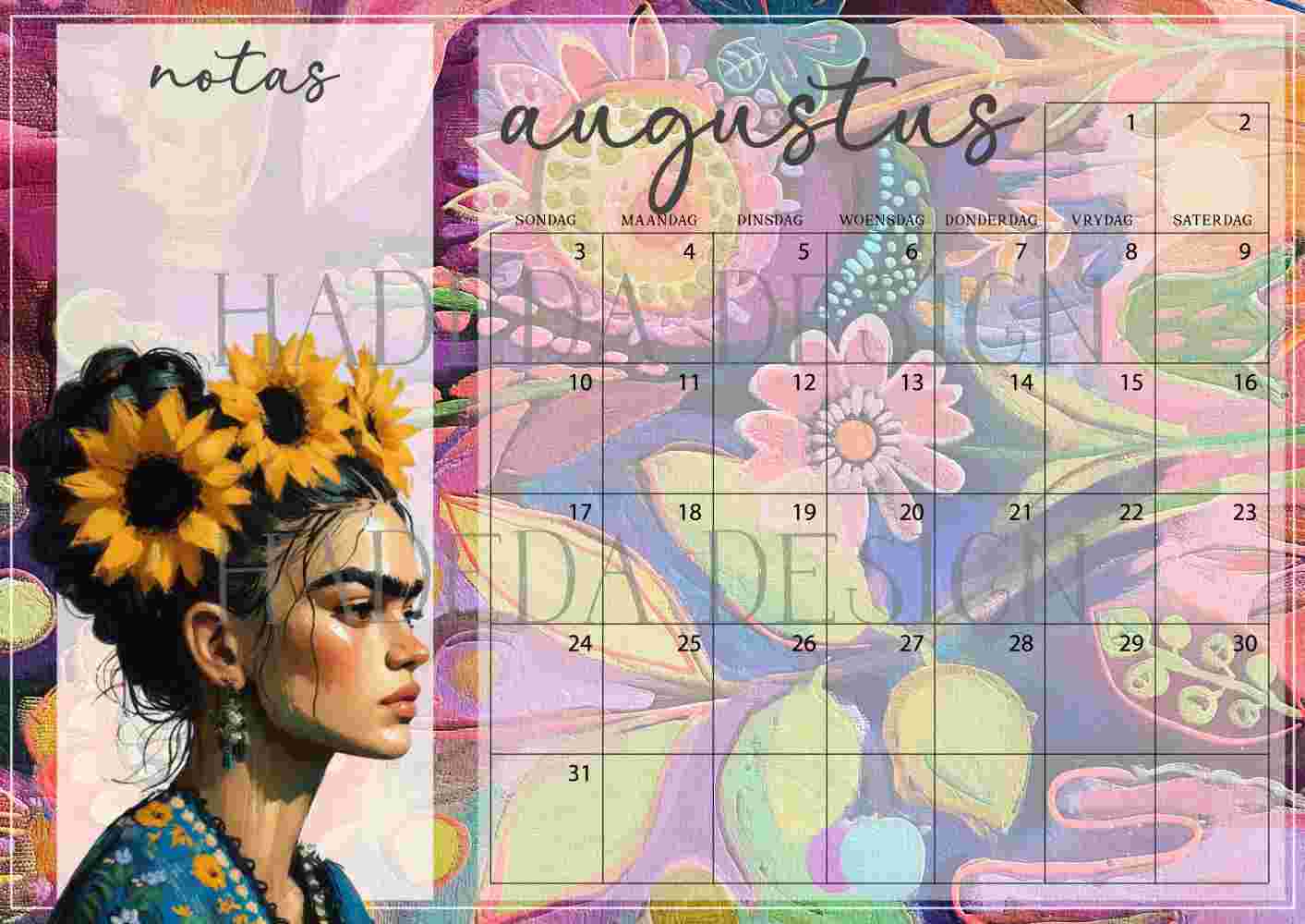 Frida Kahlo Inspired Desk Calendar 2025 Afrikaans