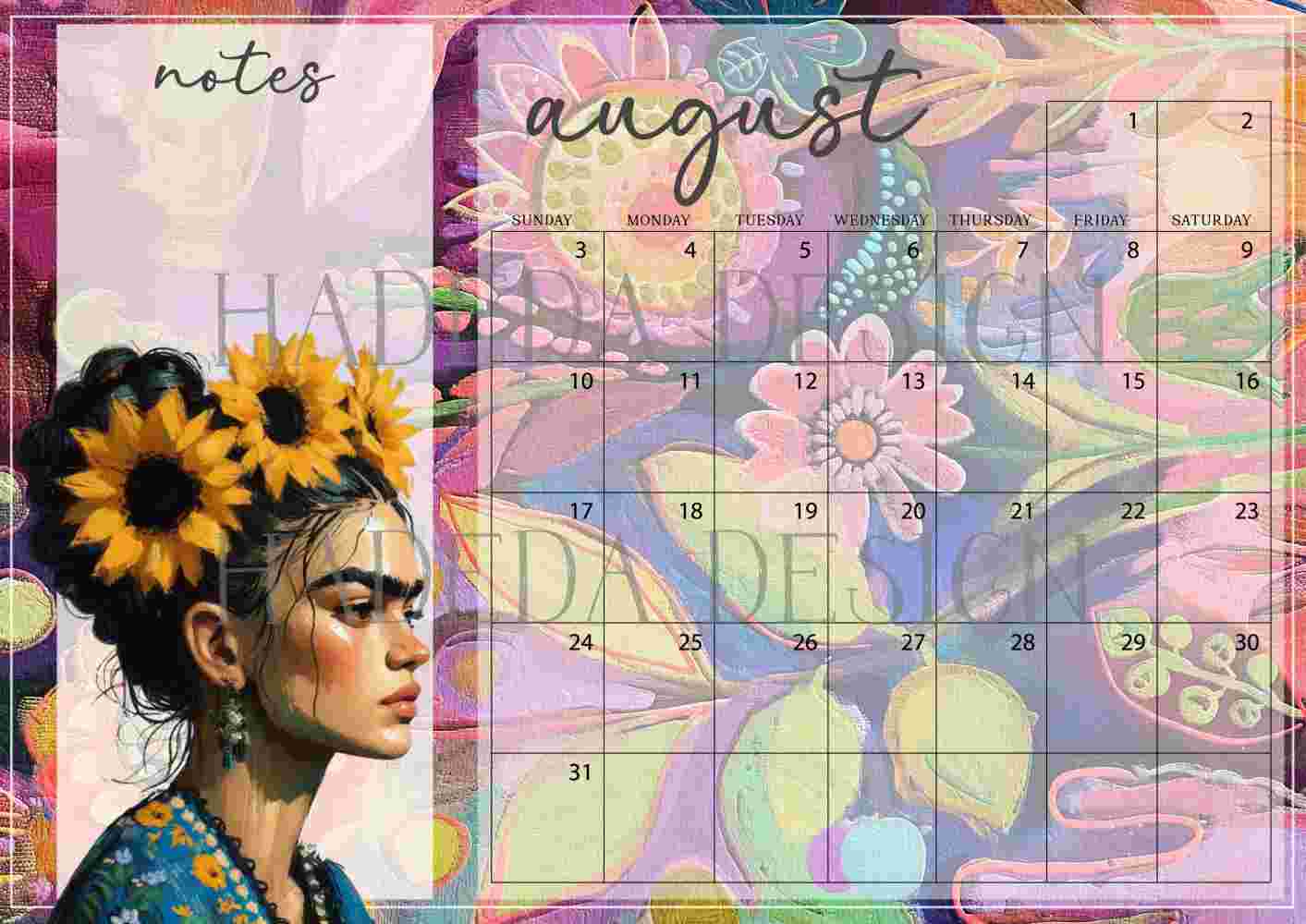 Frida Kahlo Inspired Desk Calendar 2025 English