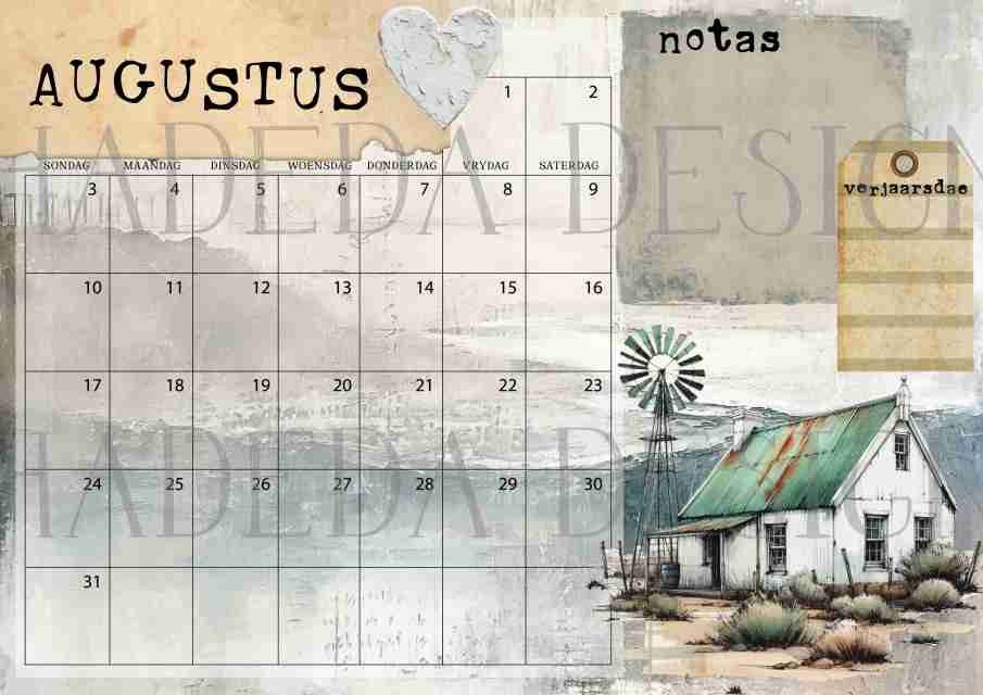 Vintage Karoo AFRIKAANS DESK CALENDAR - Sublimation, Digital and DTF Printing, Scrapbooking