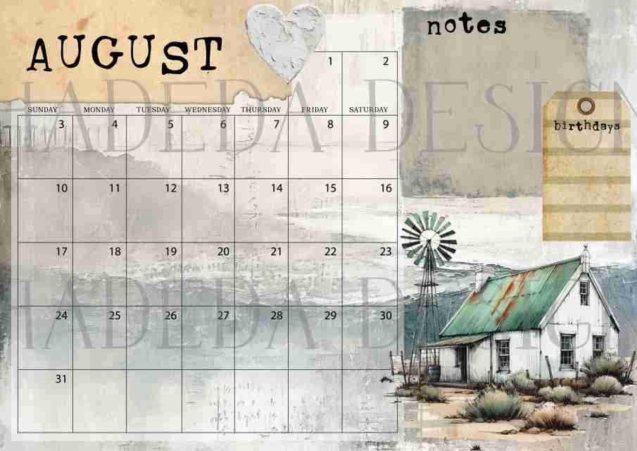 Vintage Karoo ENGLISH DESK CALENDAR - Sublimation, Digital and DTF Printing, Scrapbooking