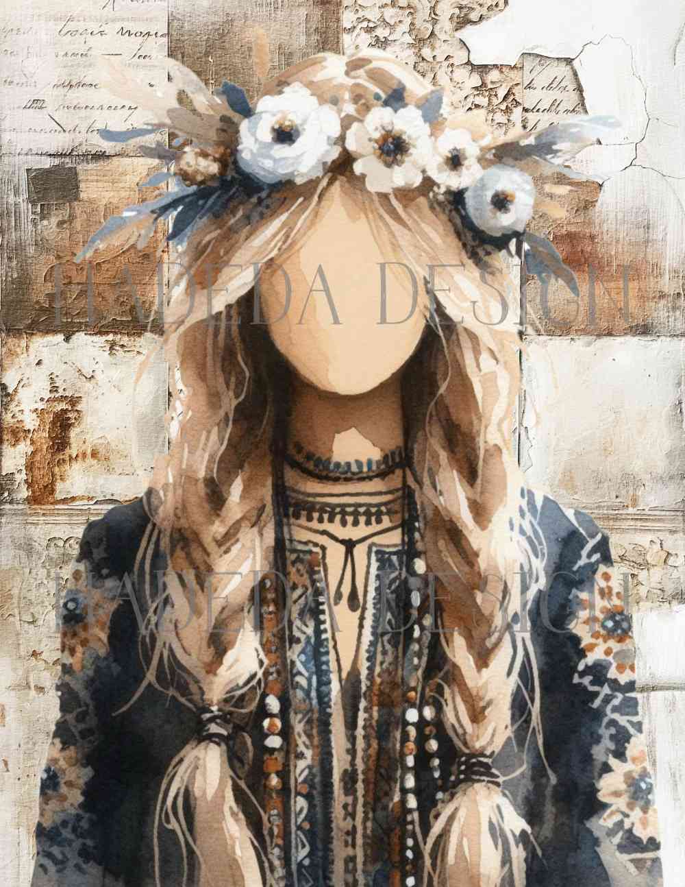 Boho Woman A0 Portrait Digital Designs for Sublimation, Canvas, Scrapbooking Paper, Journaling, Mixed Media