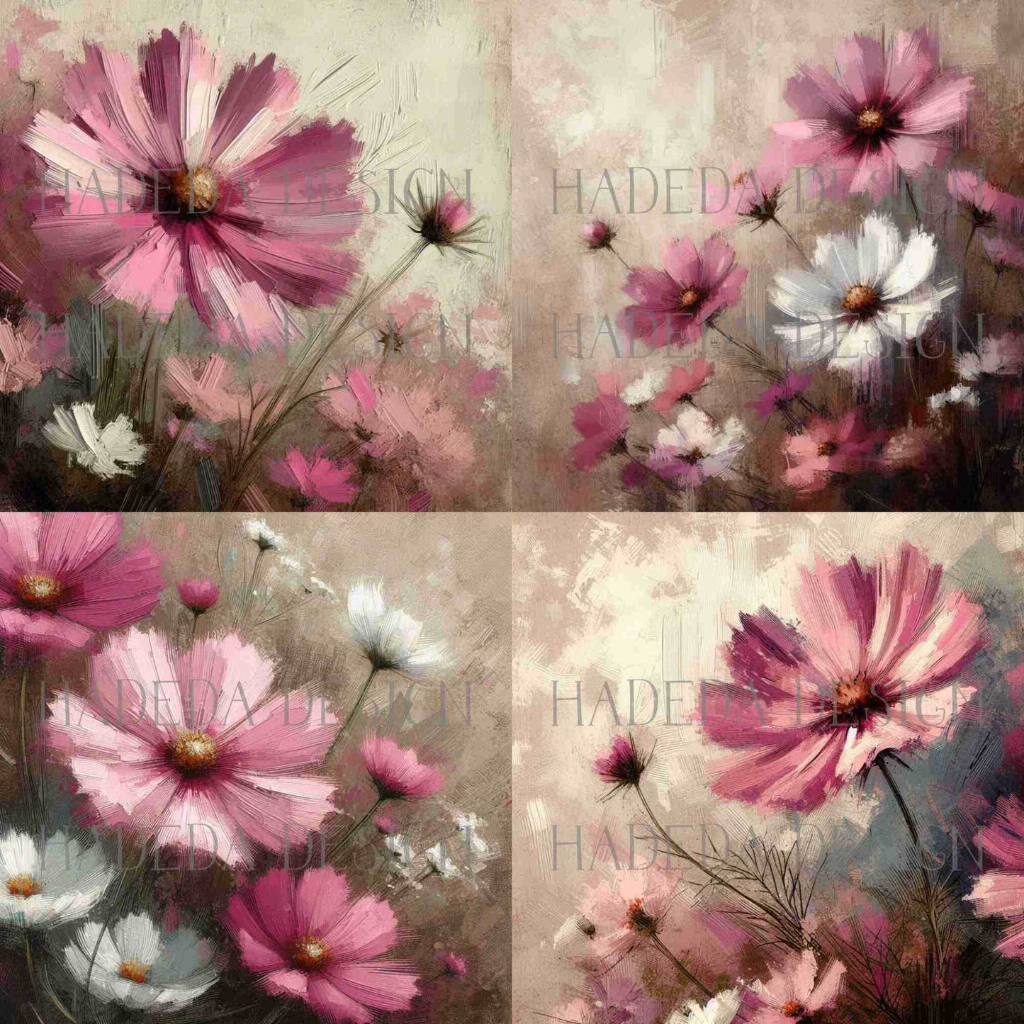 Cosmos Flowers Art Block Digital Designs for Sublimation, Canvas, Scrapbooking Paper, Journaling, Mixed Media