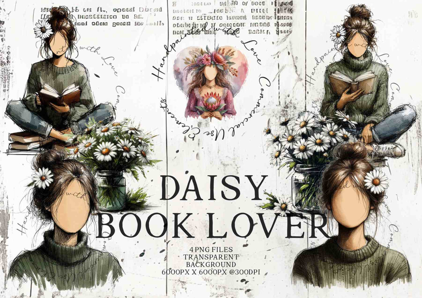 HANDPAINTED WITH LOVE COMMERCIAL USE ELEMENTS - DAISY BOOK LOVER