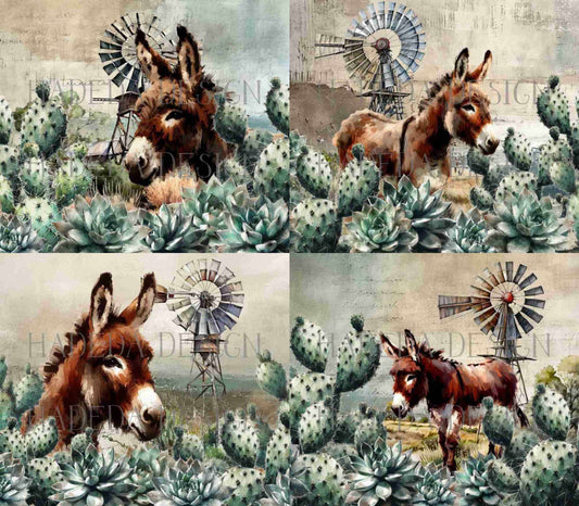 Donkey and Succulent Skinny Tumbler Digital Designs for Sublimation, Canvas, Scrapbooking Paper, Journaling, Mixed Media