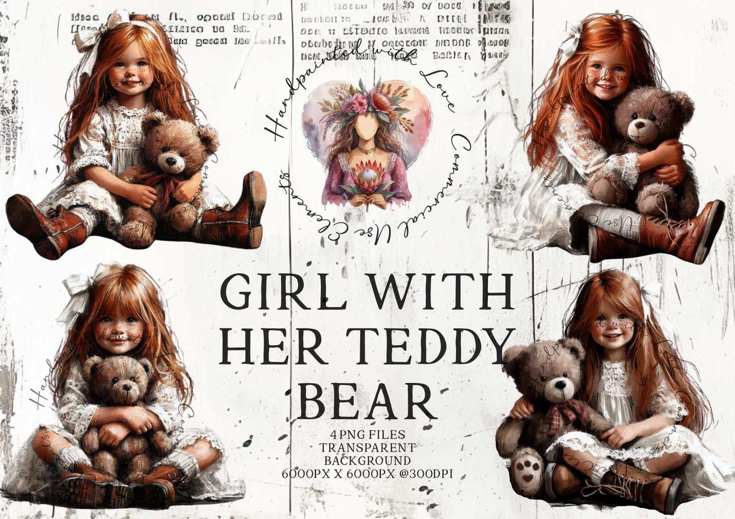 HANDPAINTED WITH LOVE COMMERCIAL USE ELEMENTS - RED HAIRED GIRL WITH TEDDY BEAR