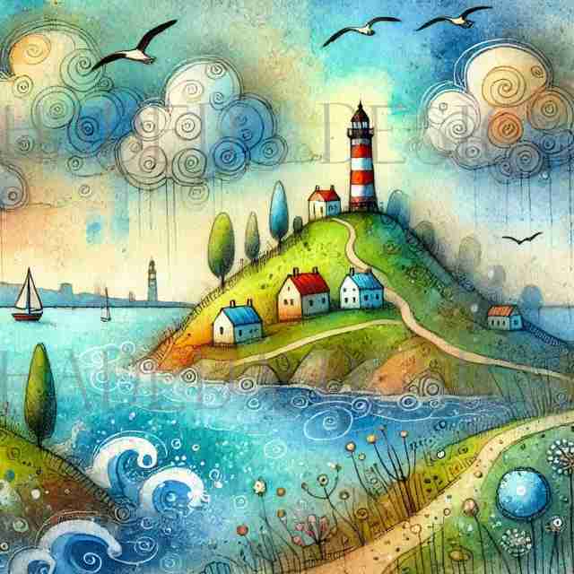 #2025 Lighthouse on a Hill Whimsical Artblocks -  Digital Designs for Sublimation, DTF and Printing