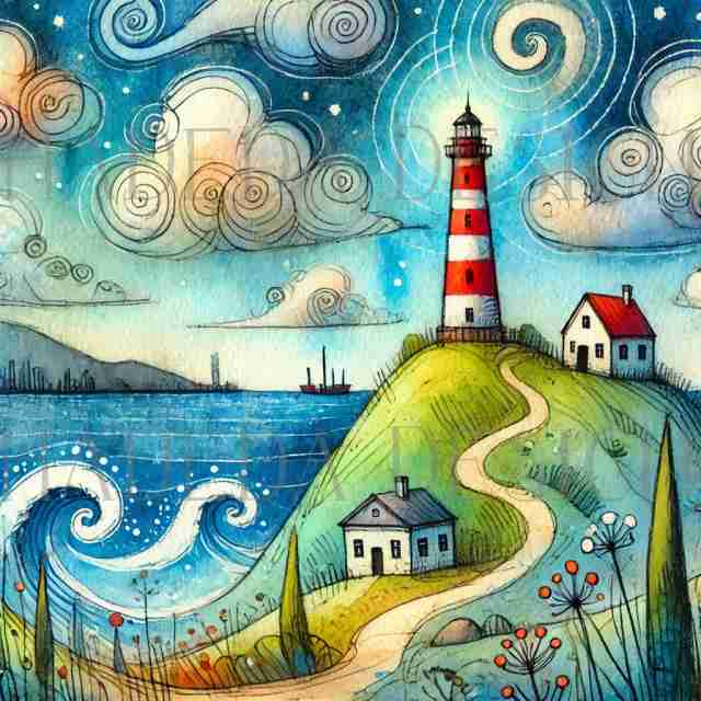 #2025 Lighthouse on a Hill Whimsical Artblocks -  Digital Designs for Sublimation, DTF and Printing