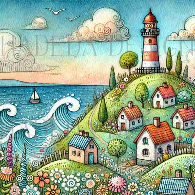 #2025 Lighthouse on a Hill Whimsical Artblocks -  Digital Designs for Sublimation, DTF and Printing