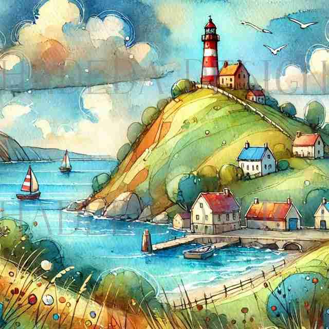 #2025 Lighthouse on a Hill Whimsical Artblocks -  Digital Designs for Sublimation, DTF and Printing