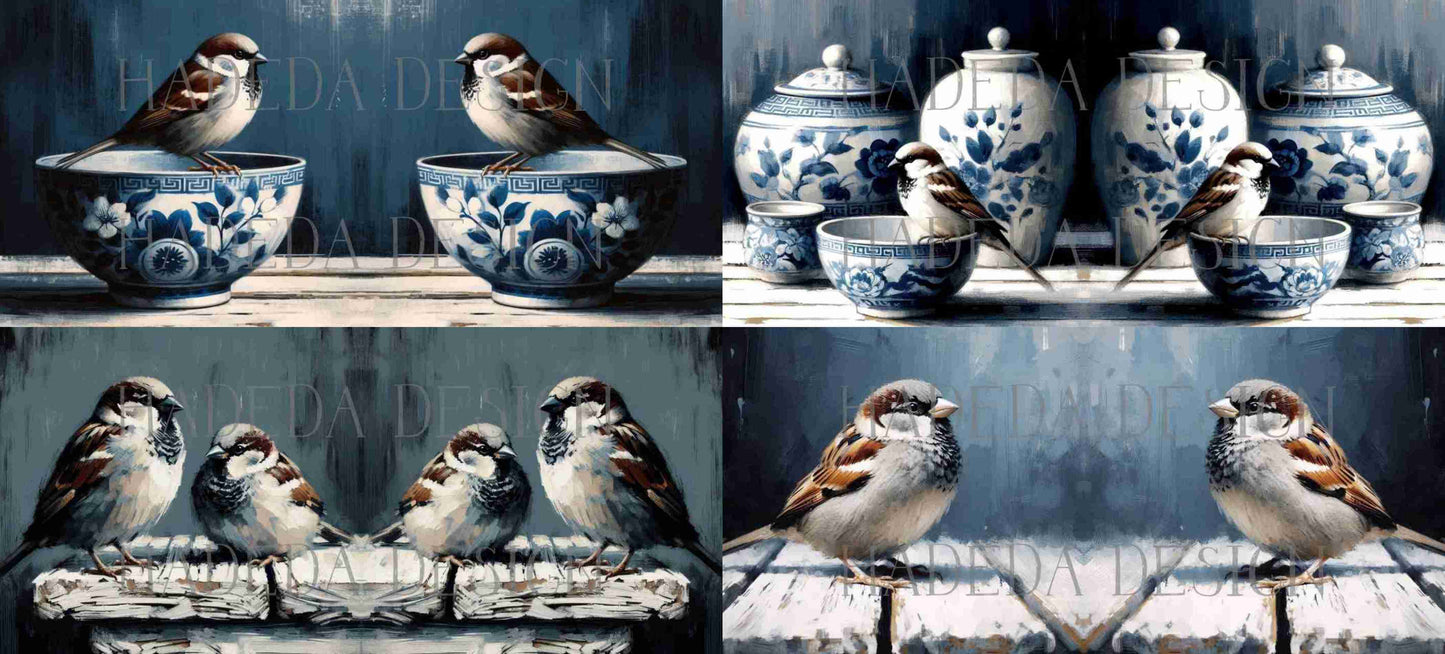 ArtWrap for Mugs Sparrows and Blue China - Mug Wrap Digital Designs for Sublimation of Standard Mug