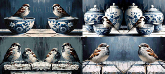 ArtWrap for Mugs Sparrows and Blue China - Mug Wrap Digital Designs for Sublimation of Standard Mug