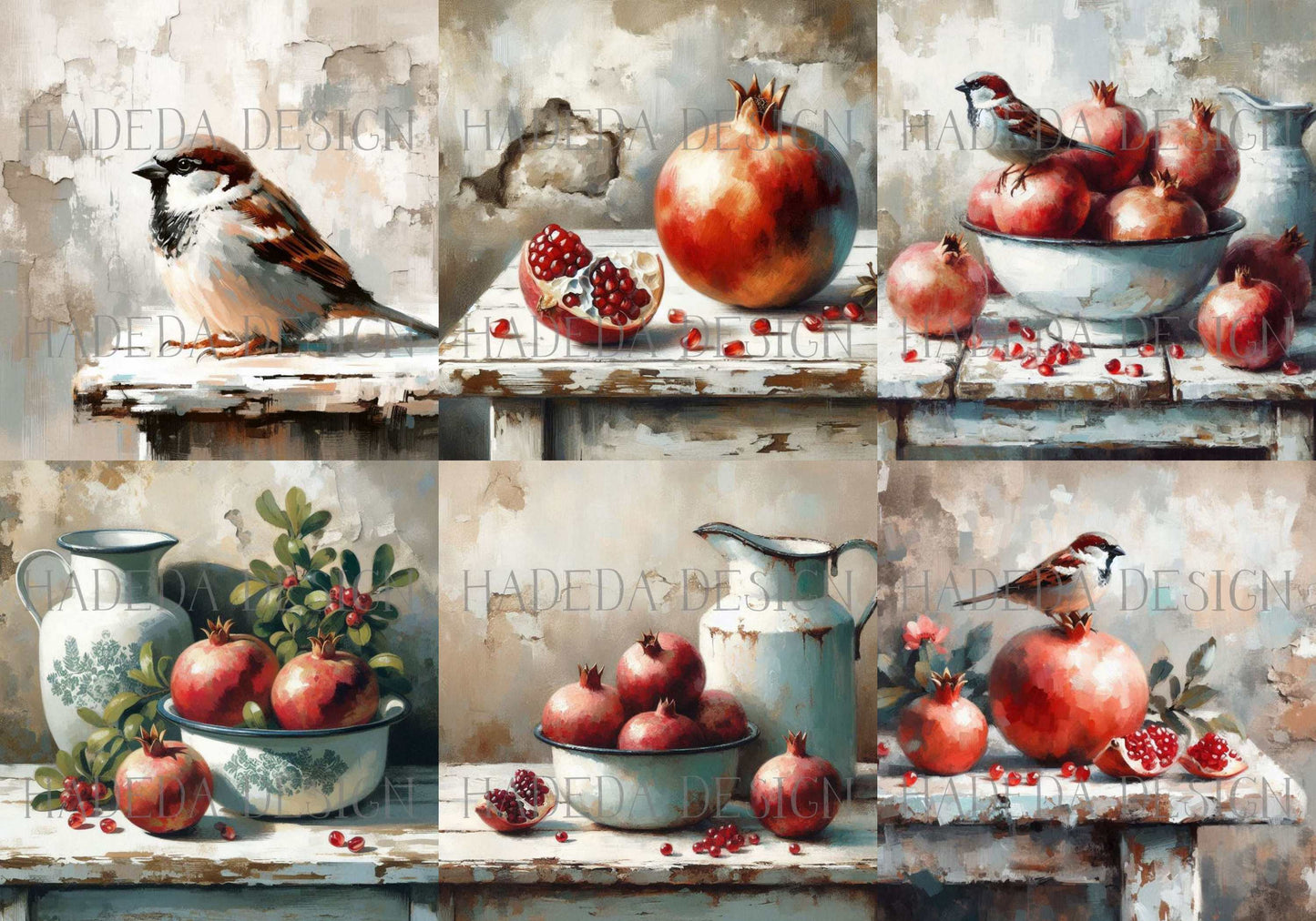 Sparrows and Pomegranates Art Block Digital Designs for Sublimation, Canvas, Scrapbooking Paper, Journaling, Mixed Media