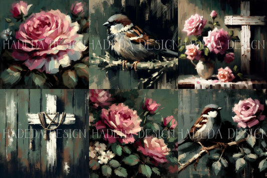 Sparrows and Roses Art Block Digital Designs for Sublimation, Canvas, Scrapbooking Paper, Journaling, Mixed Media