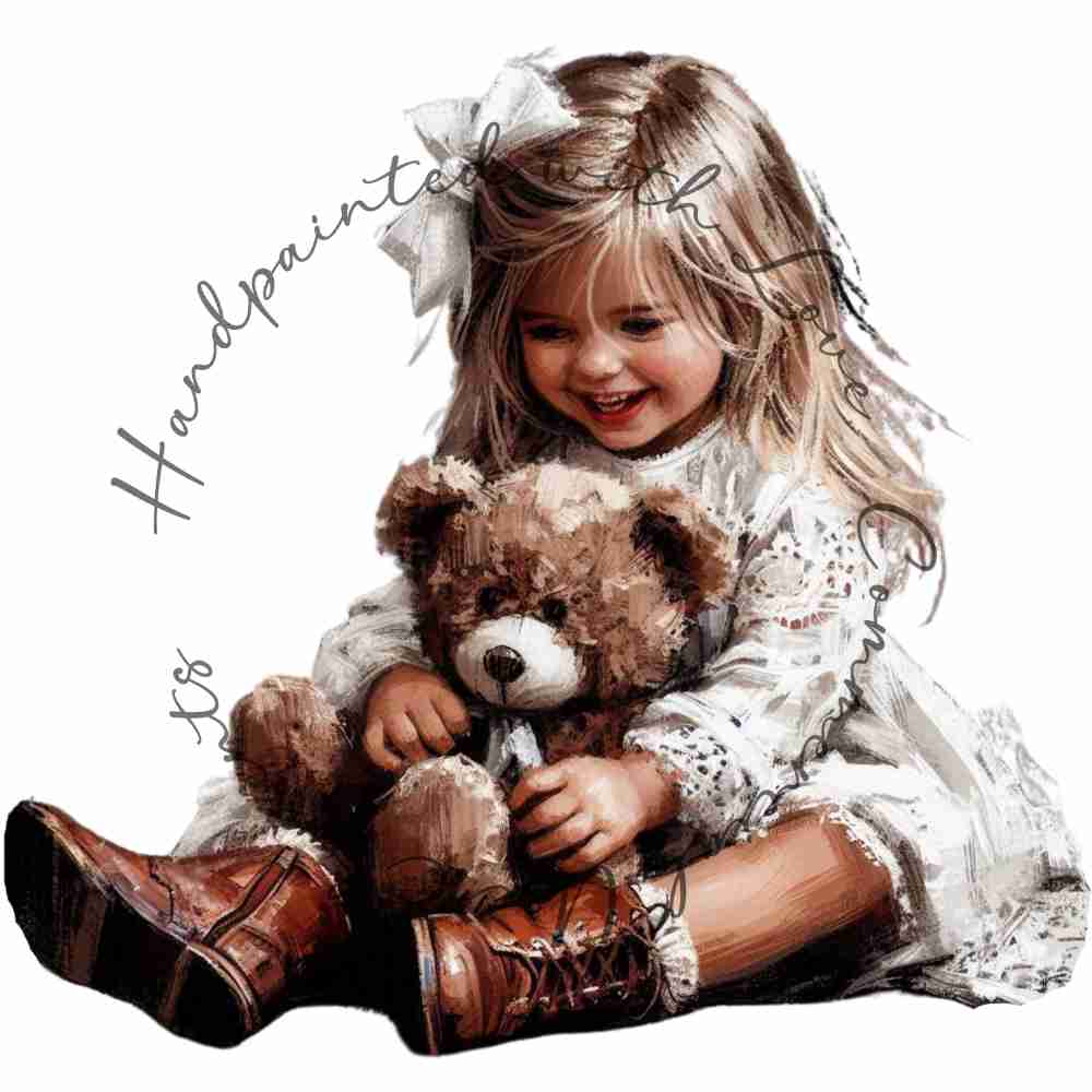 HANDPAINTED WITH LOVE COMMERCIAL USE ELEMENTS - BLONDE GIRL WITH TEDDY BEAR