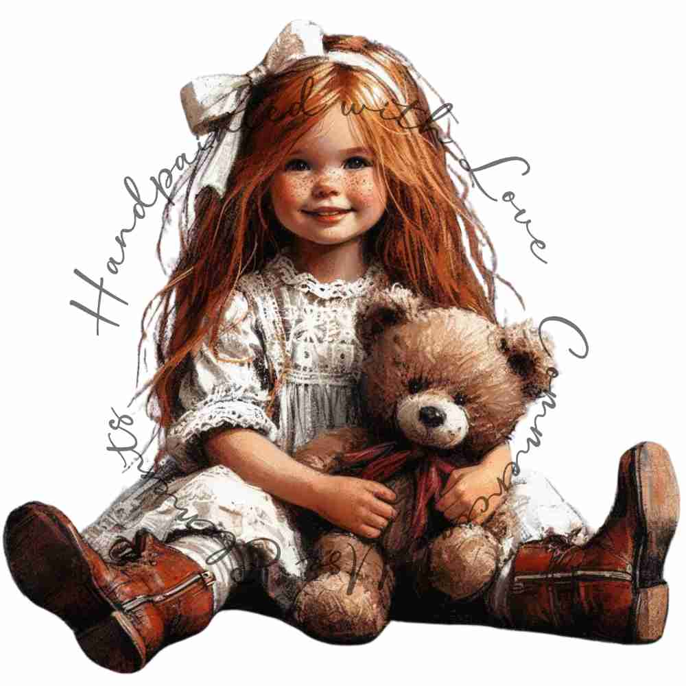 HANDPAINTED WITH LOVE COMMERCIAL USE ELEMENTS - RED HAIRED GIRL WITH TEDDY BEAR