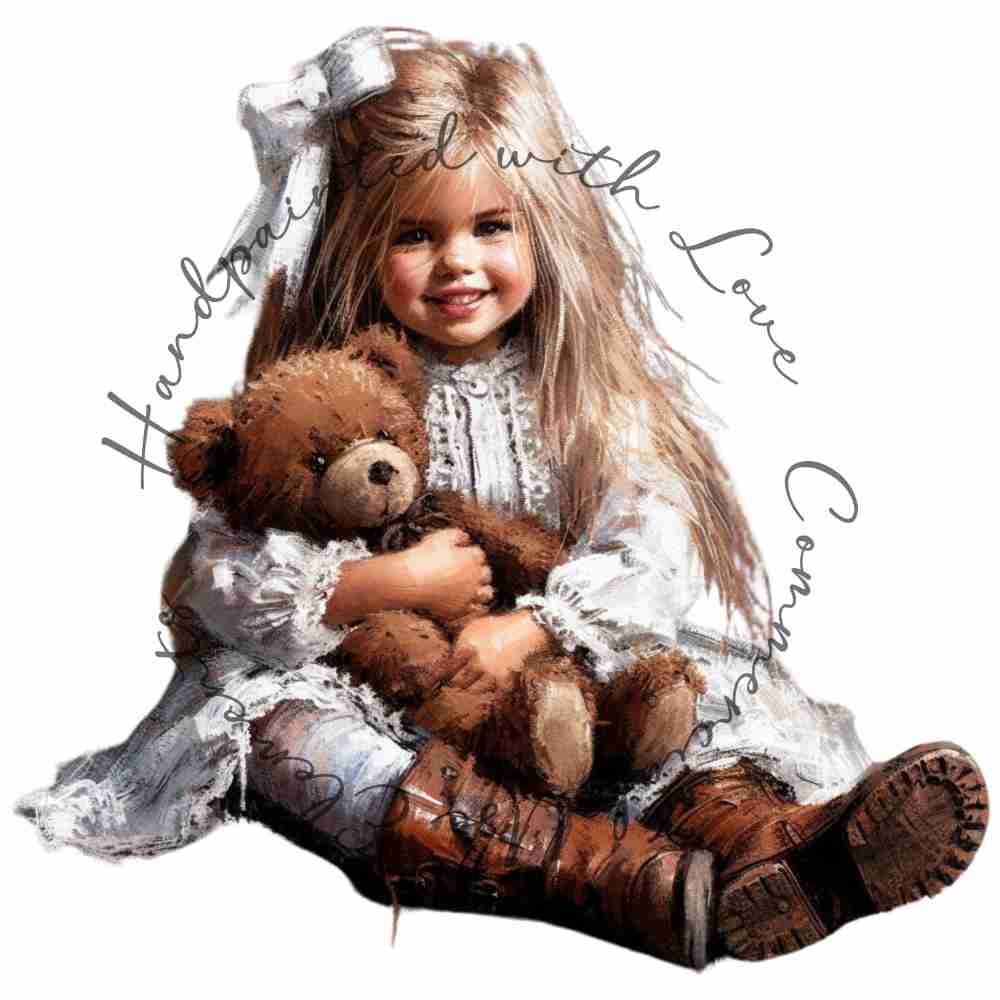 HANDPAINTED WITH LOVE COMMERCIAL USE ELEMENTS - BLONDE GIRL WITH TEDDY BEAR