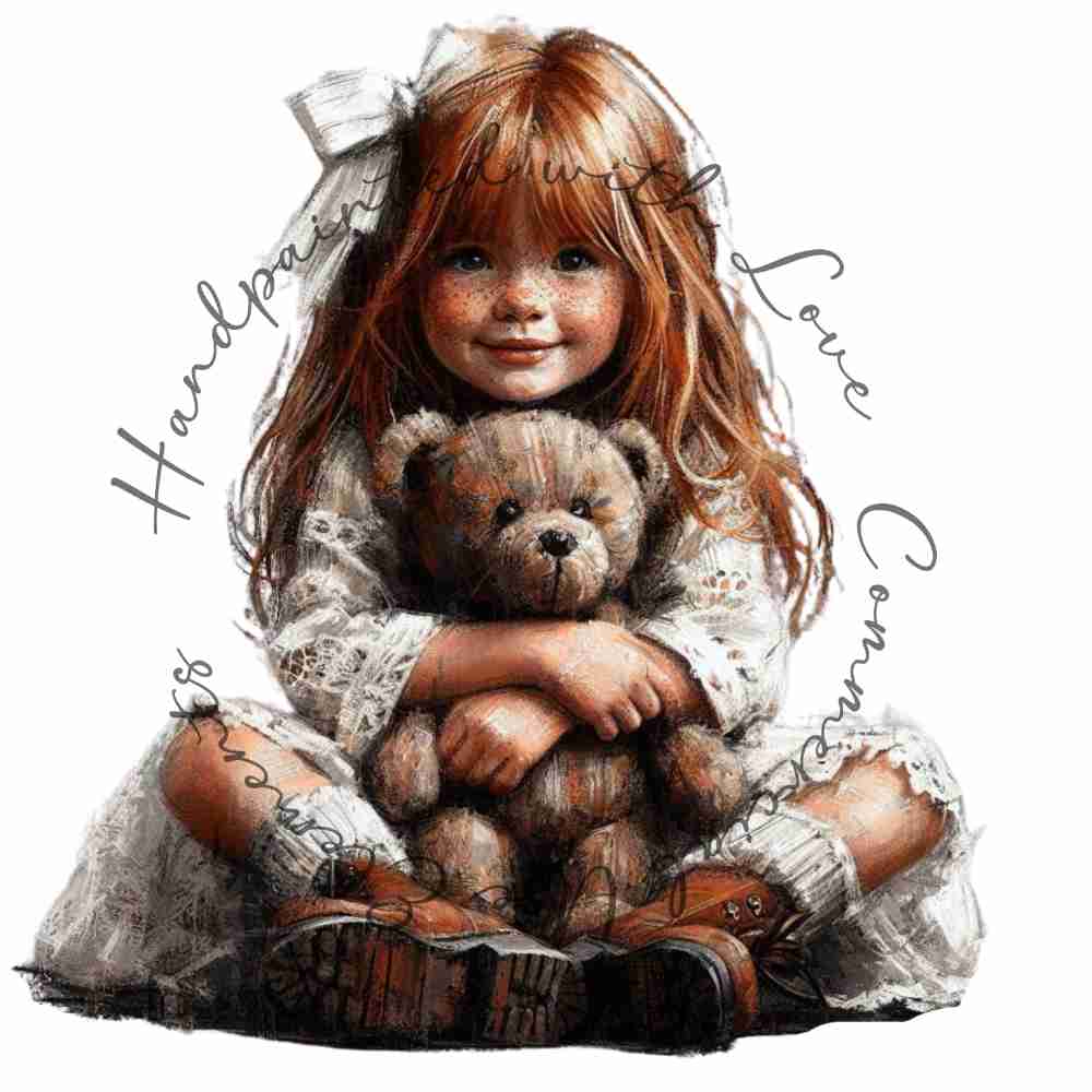 HANDPAINTED WITH LOVE COMMERCIAL USE ELEMENTS - RED HAIRED GIRL WITH TEDDY BEAR