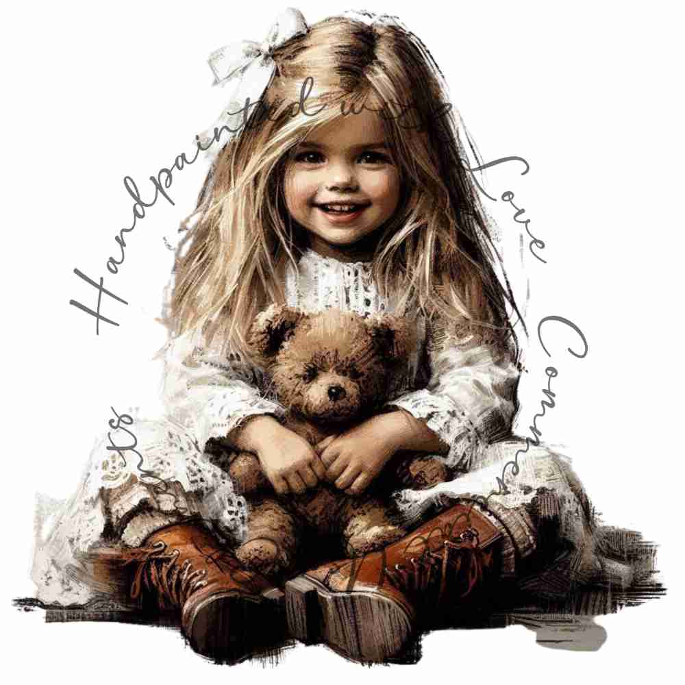 HANDPAINTED WITH LOVE COMMERCIAL USE ELEMENTS - BLONDE GIRL WITH TEDDY BEAR