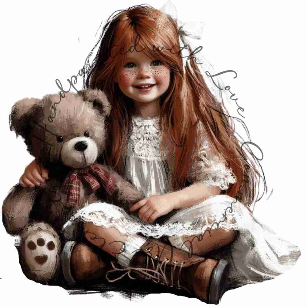 HANDPAINTED WITH LOVE COMMERCIAL USE ELEMENTS - RED HAIRED GIRL WITH TEDDY BEAR