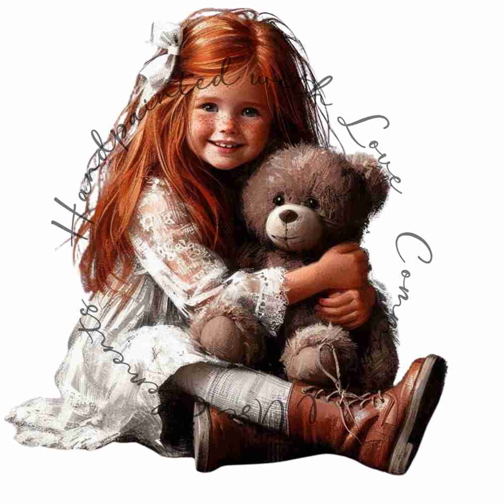 HANDPAINTED WITH LOVE COMMERCIAL USE ELEMENTS - RED HAIRED GIRL WITH TEDDY BEAR