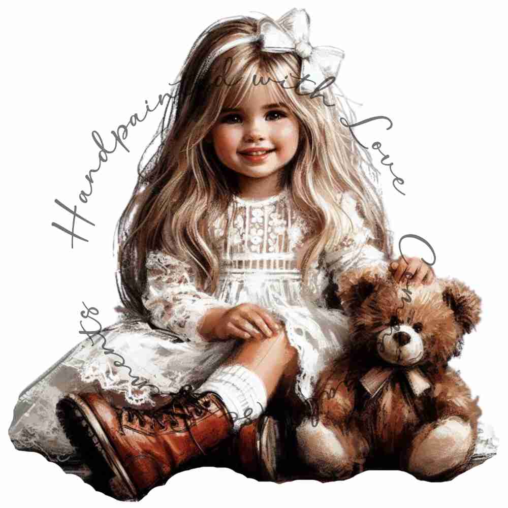 HANDPAINTED WITH LOVE COMMERCIAL USE ELEMENTS - BLONDE GIRL WITH TEDDY BEAR