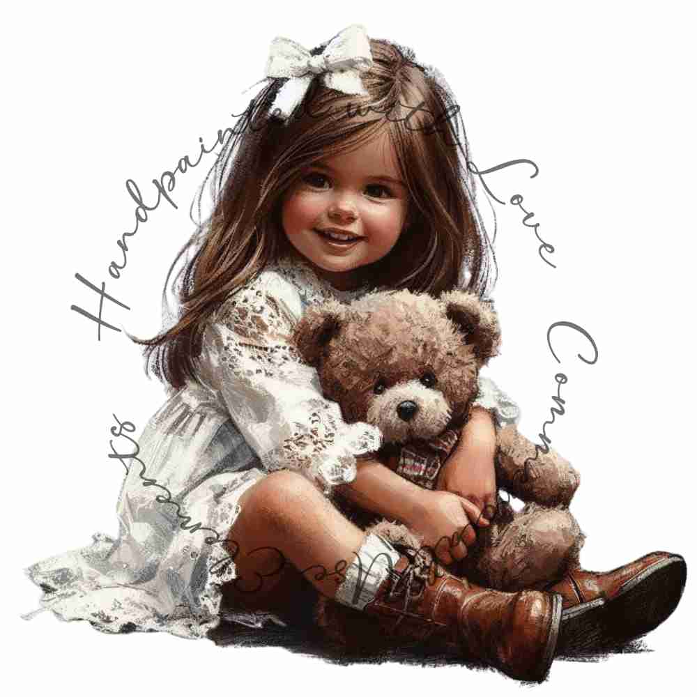 HANDPAINTED WITH LOVE COMMERCIAL USE ELEMENTS - BRUNETTE HAIRED GIRL WITH TEDDY BEAR