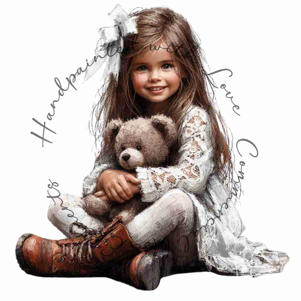 HANDPAINTED WITH LOVE COMMERCIAL USE ELEMENTS - BRUNETTE HAIRED GIRL WITH TEDDY BEAR